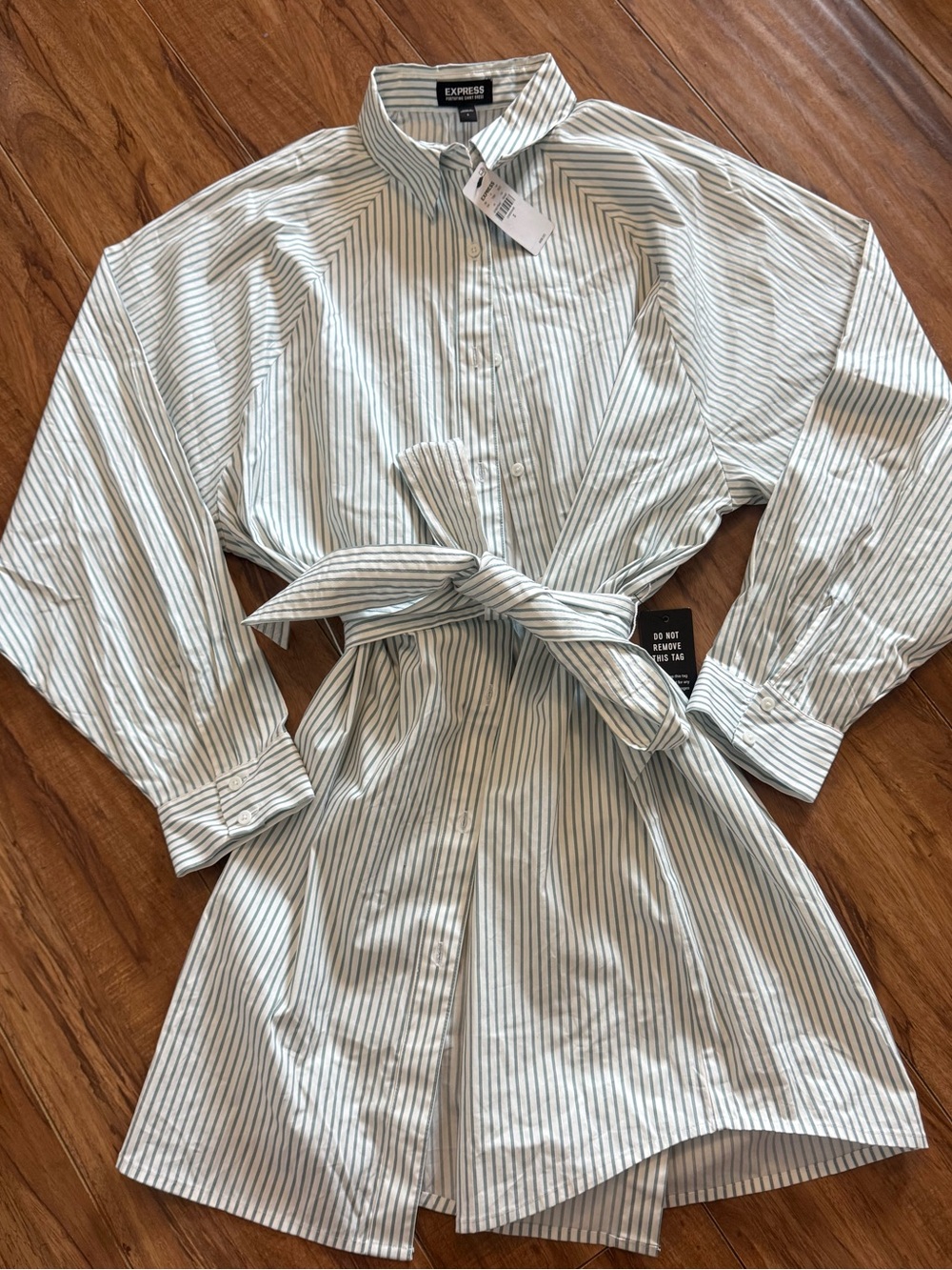 Express Light Blue and White Striped Button-Down Shirt Dress